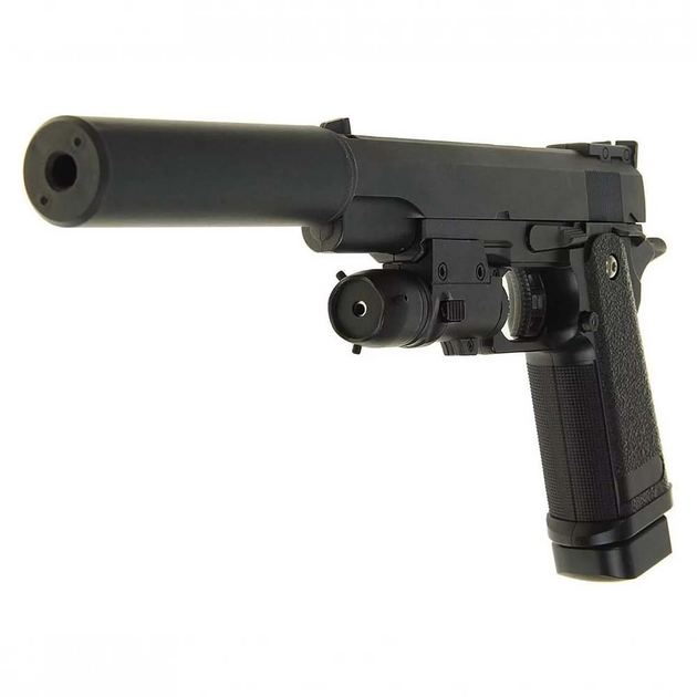 Детский страйкбольный пистолет Colt M1911 Hi-Capa металлический с глушителем и прицелом Galaxy G6A Пружина, ручная сводка. - изображение 1