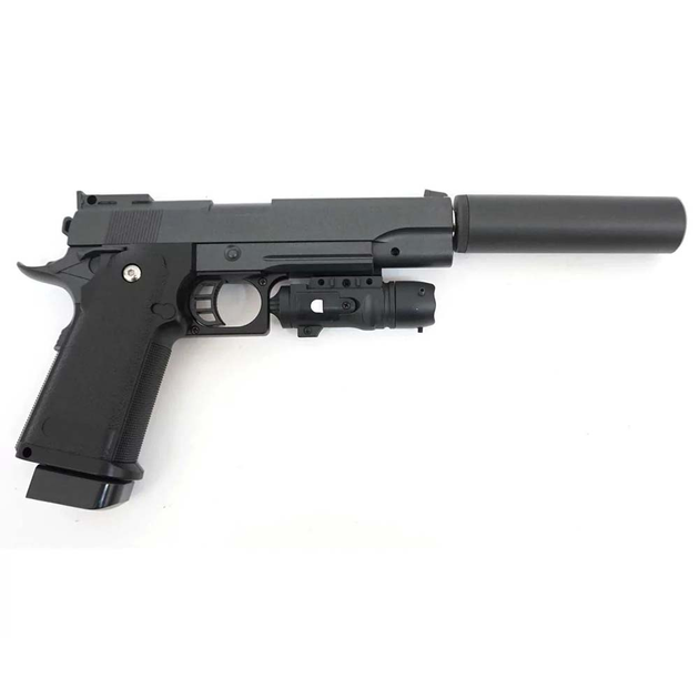 Детский страйкбольный пистолет Colt M1911 Hi-Capa металлический с глушителем и прицелом Galaxy G6A Пружина, ручная сводка. - изображение 2