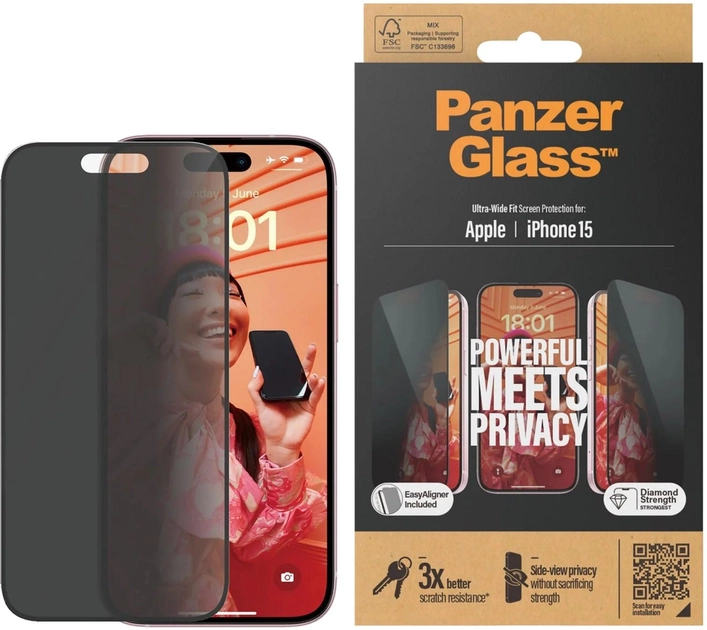 Захисне скло Panzer Glass Ultra-Wide Fit Privacy для Apple iPhone 15 Black (5711724128097) - зображення 1