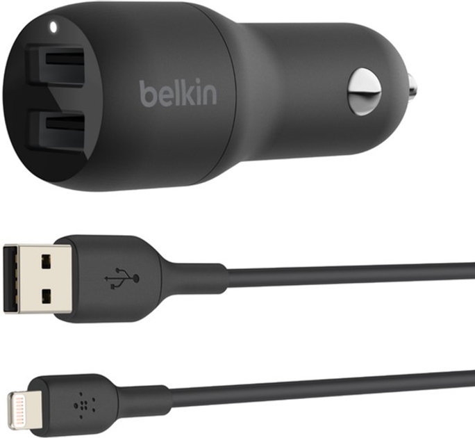 Автомобільний зарядний пристрій Belkin BOOST CHARGE DualUSB-A + USB-A to Lightning Cable Black (CCE001bt1MBK) - зображення 1