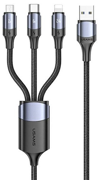 Kabel Usams U71 3w1 1.2m 6 A Fast Charge Lightning/micro-USB/USB Typ-C Czarny (6958444971773) - obraz 1