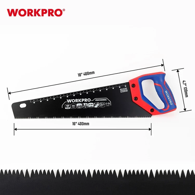 Ножовка по дереву WORKPRO 400 мм 7TPI SK5 тефлоновое покрытие PRO PLUS WP215013 - изображение 5