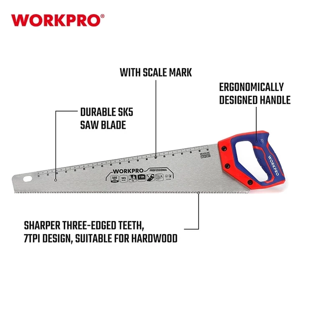 Ножовка по дереву WORKPRO 500 мм 7TPI SK5 PRO WP215007 - изображение 2