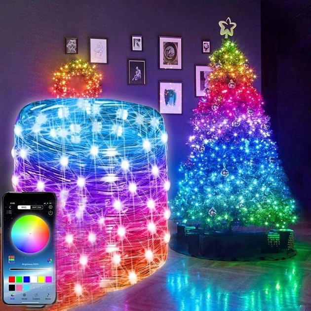 Светодиодная умная гирлянда Smart Роса RGB 200 LED с Bluetooth для елки от USB 20м - Фото 1 Светодиодная умная гирлянда Smart Роса RGB 200 LED с Bluetooth для елки от USB 20м - изображение 1