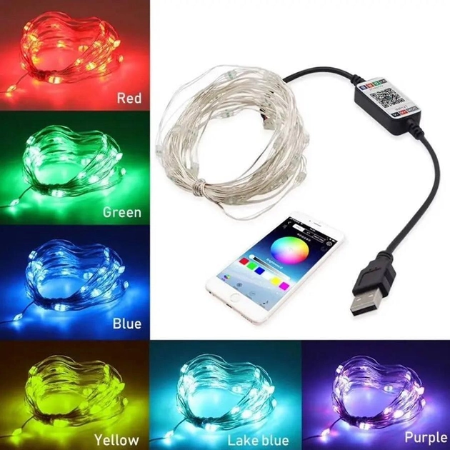 Светодиодная умная гирлянда Smart Роса RGB 200 LED с Bluetooth для елки от USB 20м - Фото 4 Светодиодная умная гирлянда Smart Роса RGB 200 LED с Bluetooth для елки от USB 20м - изображение 4