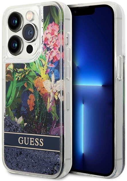 Etui plecki Guess Flower Liquid Glitter do Apple iPhone 14 Pro Max Blue (3666339066116) - obraz 1