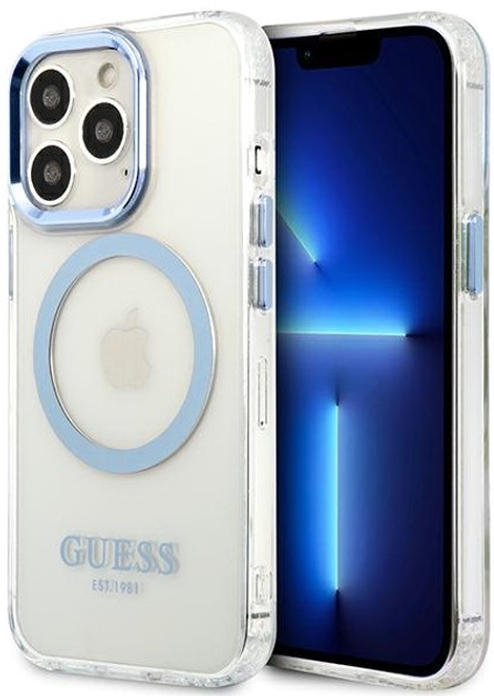 Etui plecki Guess Metal Outline Magsafe do Apple iPhone 13/13 Pro Blue (3666339057237) - obraz 1