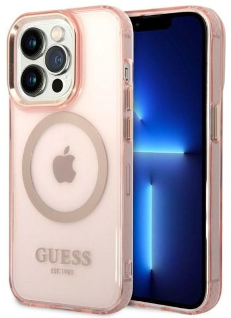 Etui plecki Guess Gold Outline Translucent MagSafe do Apple iPhone 14 Pro Pink (3666339069681) - obraz 1