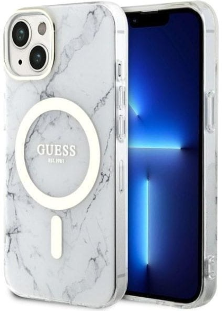 Etui plecki Guess Marble MagSafe do Apple iPhone 14 White (3666339127268) - obraz 1