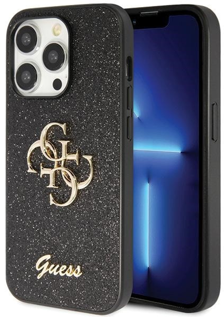 Etui plecki Guess 4G Glitter Script Big do Apple iPhone 14 Pro Max Black (3666339147358) - obraz 1