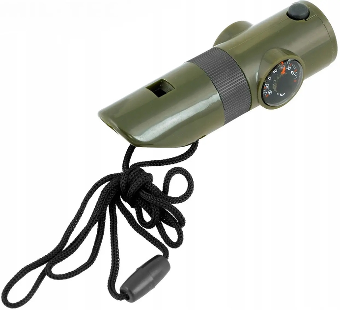 Туристичний багатофункціональний свисток польовий рятувальний Mil-Tec 6 в 1 з компасом/термометром/лупою шнурок для носіння на шиї оливковий - зображення 1