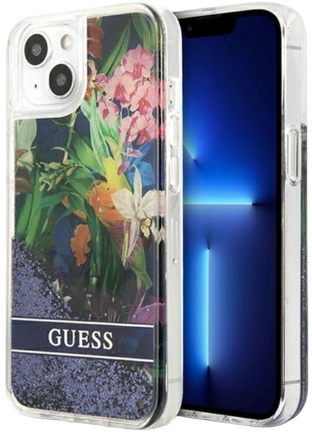 Панель Guess Flower Liquid Glitter для Apple iPhone 13 mini Blue (3666339041236) - зображення 1