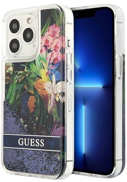 Панель Guess Flower Liquid Glitter для Apple iPhone 13 Pro Max Blue (3666339041267) - зображення 1