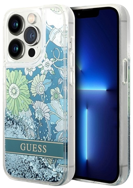 Etui plecki Guess Flower Liquid Glitter do Apple iPhone 14 Pro Green (3666339088446) - obraz 1