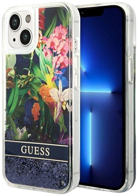 Etui plecki Guess Flower Liquid Glitter do Apple iPhone 14 Blue (3666339066086) - obraz 1