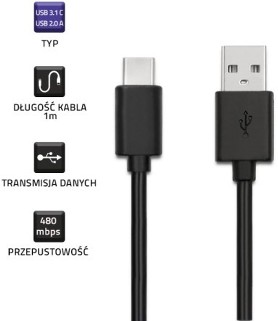 Кабель Qoltec USB Typ-C - USB Typ A 1 m чорний (5901878504872) - зображення 2