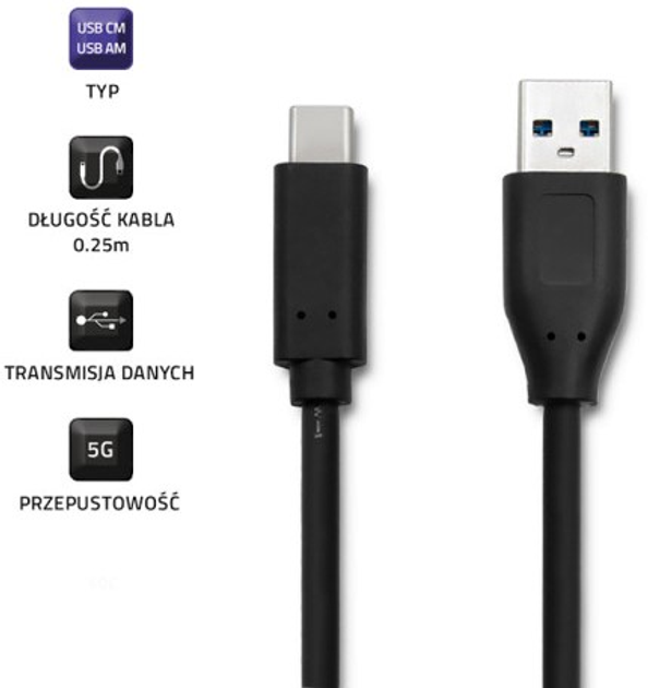 Kabel Qoltec USB-Typ C - USB Typ A 0.25 m czarny (5901878504209) - obraz 2