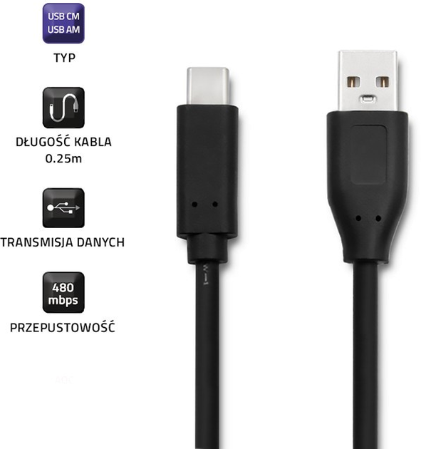 Кабель Qoltec USB-Typ C - USB Typ A 0.25 m чорний (5901878504964) - зображення 2