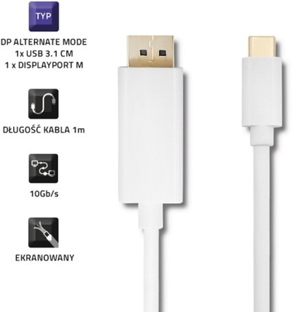 Kabel Qoltec USB Typ-C - DisplayPort Alternate mode 5K 1 m biały (5901878504124) - obraz 2