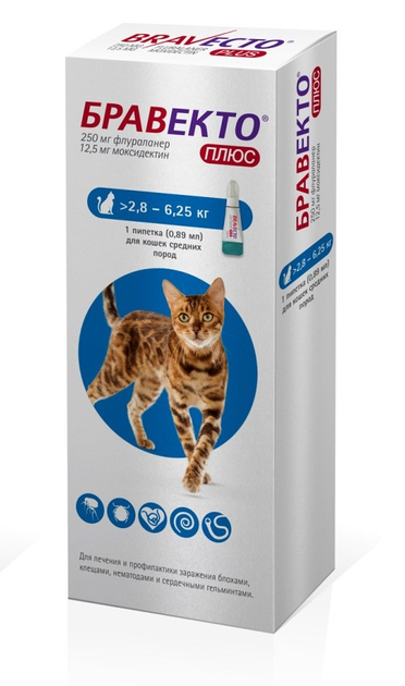 Бравекто Плюс для Котов Bravecto Plus Cat 2,8-6,25кг 250 мг 1 пипетка ...