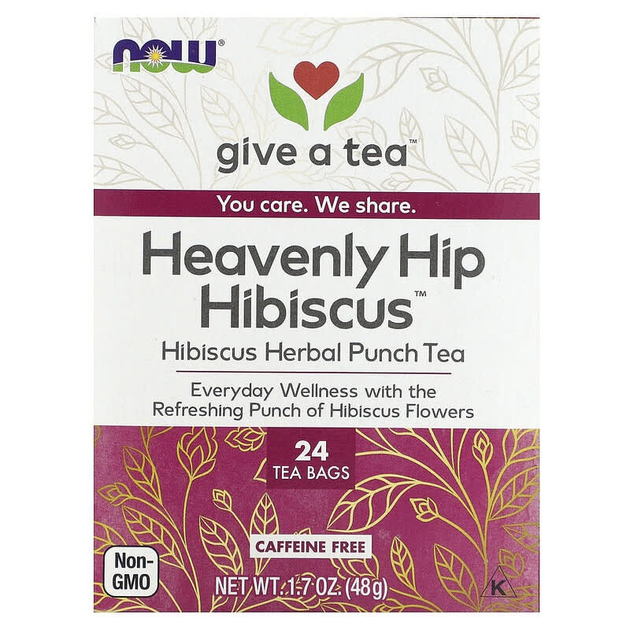 Чай из цветков гибискуса NOW Foods, Real Tea "Heavenly Hip Hibiscus" бутоны каркаде и пунш трав без кофеина, 24 пакетика (48 г) - изображение 1