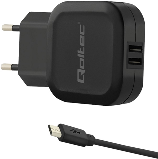 Мережевий зарядний пристрій Qoltec 17 W 2 x USB + кабель Micro-USB Black (5901878501871) - зображення 1