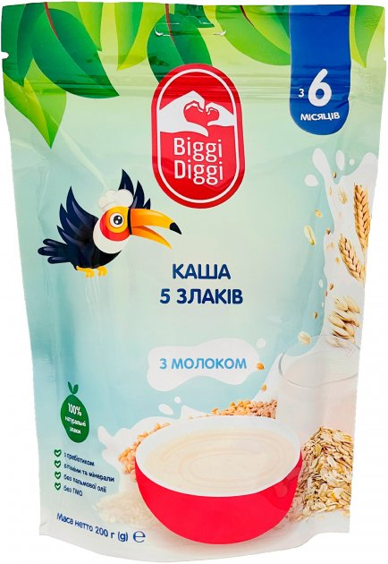 Каша молочна 5 злаків BiggiDiggi для дітей з 6 місяців 200г (8606019651947) - зображення 1
