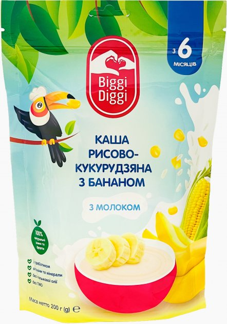 Каша молочна рисово-кукурудзяна з бананом BiggiDiggi для дітей з 6 місяців 200г (8606019651985) - зображення 1