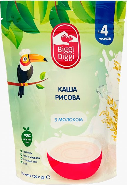 Каша молочна рисова BiggiDiggi для дітей з 4 місяців 200г (8606019651916) - зображення 1