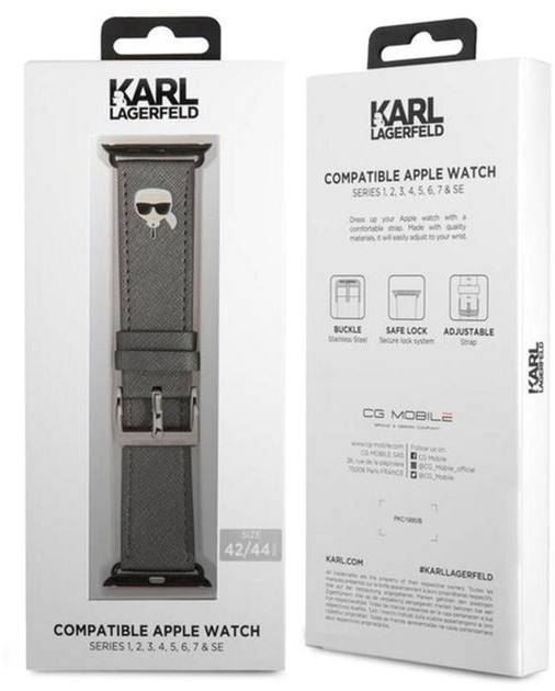 Pasek Karl Lagerfeld Saffiano Karl Heads KLAWLOKHG do Apple Watch Series 1/2/3/4/5/6/7/8/SE/SE2/Ultra 42-45 mm Srebrny (3666339033743) - obraz 2