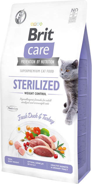 Sucha karma dla kotów sterylizowanych i z nadwagą Brit Care Cat GF Sterilised Weight Control z kaczką i indykiem 7 kg (8595602540785) - obraz 1