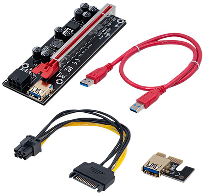 Riser Qoltec PCI-E 1x - 16x USB 3.0 ver 010S Plus SATA PCI-E 6 pin (55509) - obraz 1