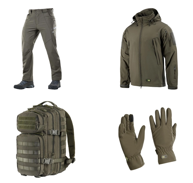 M-tac комплект Shoft Shell куртка з підстібкою, штани тактичні, рукавички, рюкзак олива XS - зображення 1