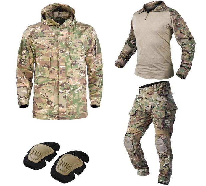 Тактический комплект зимней военной одежды Brutal's Multicam, убакс с длинным рукавом и налокотниками, брюки с наколенниками+ куртка G8 Мультикам р.M - изображение 1