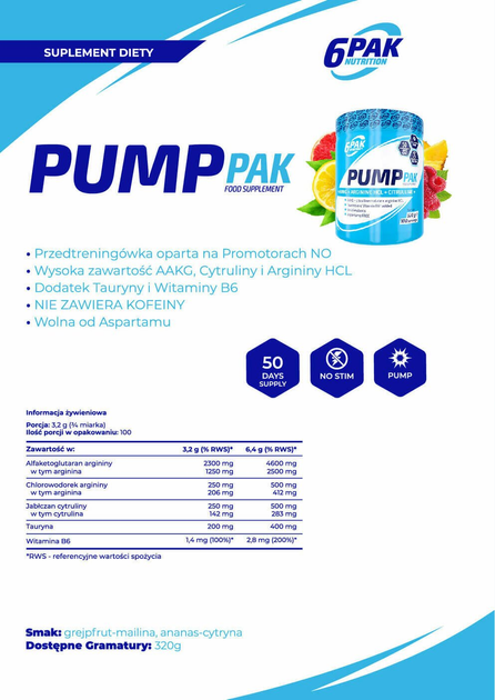 Дієтична добавка 6PAK Nutrition Pump Pak 320 г Ананас-Лимон (5906660531135) - зображення 2