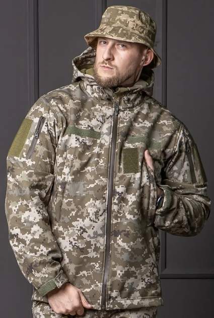 Чоловіча куртка Soft Shell піксель на Флісі вітрозахисна Демісезонна з липучками під шеврон 5XL - зображення 1