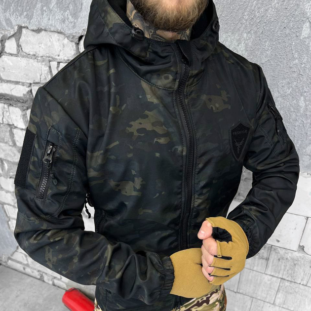 Демисезонная мужская Куртка Softshell на флисе с капюшоном и липучками под шевроны черный мультикам размер XL - изображение 1