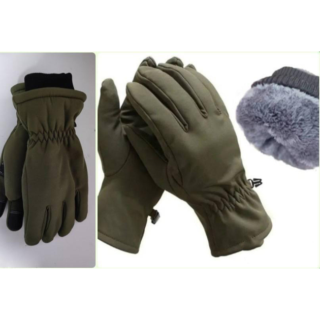 Плотные зимние перчатки SoftShell на меху с сенсорными вставками олива размер универсальный - изображение 2