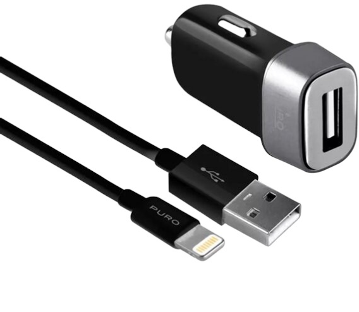 Ładowarka samochodowa Puro Mini 5V 1A 5W + kabel Lightning MFi 1m Black (8033830260711) - obraz 1