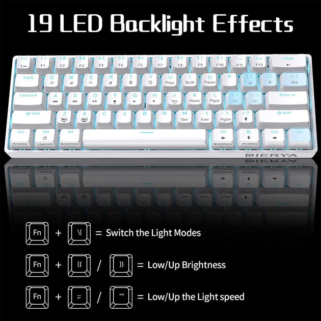 Механическая игровая клавиатура Dierya 60% с переключателями Clicky, Type-C, 61 клавиша (раскладка США, QWERTY, Brown Switch) белый - изображение 4