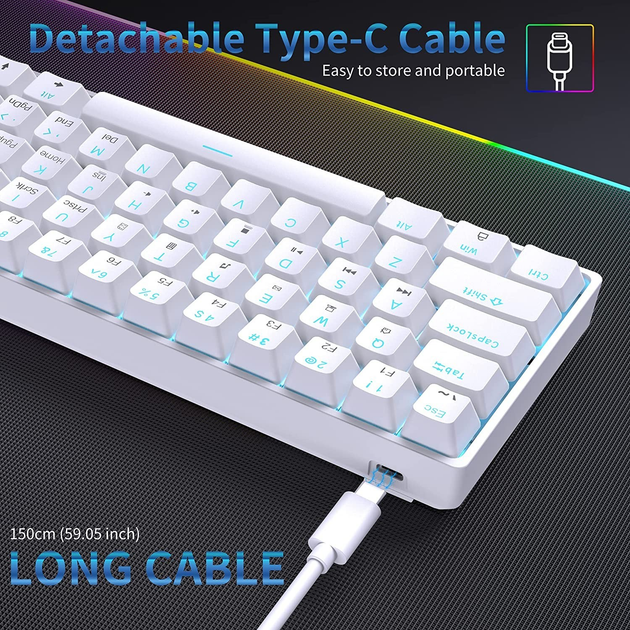 Механическая игровая клавиатура Dierya 60% с переключателями Clicky, Type-C, 61 клавиша (раскладка США, QWERTY, Brown Switch) белый - изображение 6