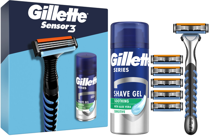 Zestaw kosmetyków do golenia Gillette Maszynka do golenia Sensor3 + 5 zapasowych ostrzy + Żel do golenia 75 ml (8700216085243) - obraz 1