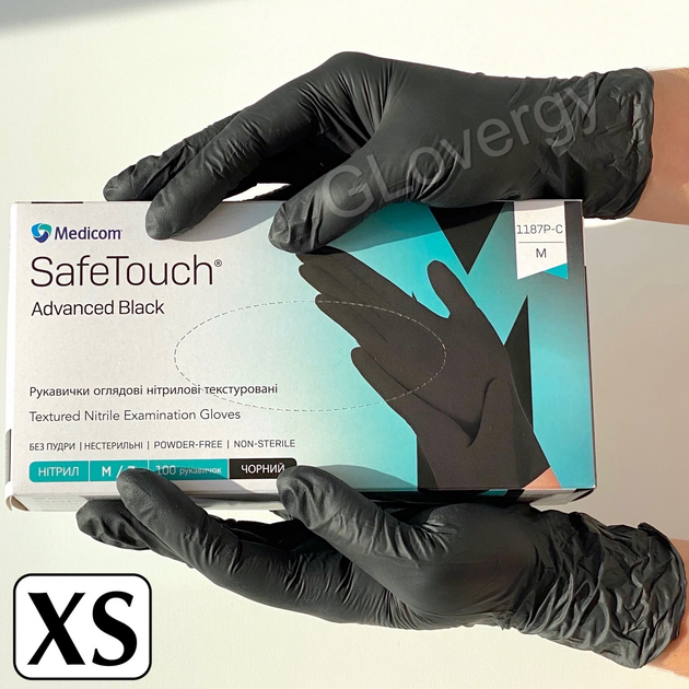 Рукавички нітрилові Medicom SafeTouch Advanced Black розмір XS чорного чорного 100 шт - зображення 1