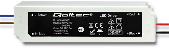 Імпульсний блок живлення Qoltec LED IP67, 36 Вт, 12 В, 3A, водонепроникний Білий (50941) (5901878509419) - зображення 1