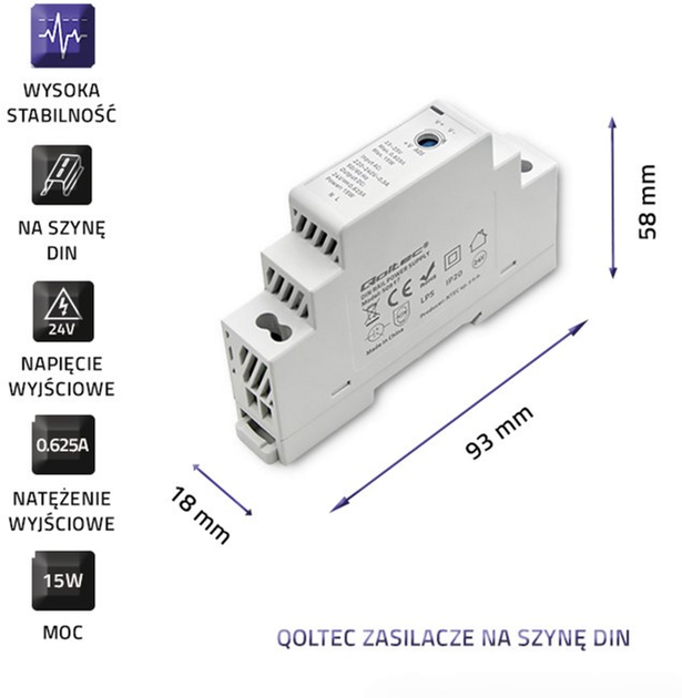 Zasilacz Qoltec na szynę DIN 15 W, 24 V, 0,625 A Szary (50917) (5901878509174) - obraz 6