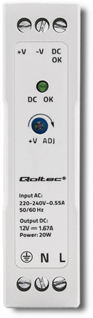 Zasilacz Qoltec na szynę DIN 20 W, 12 V, 1,67 A, Slim White (50908) (5901878509082) - obraz 3