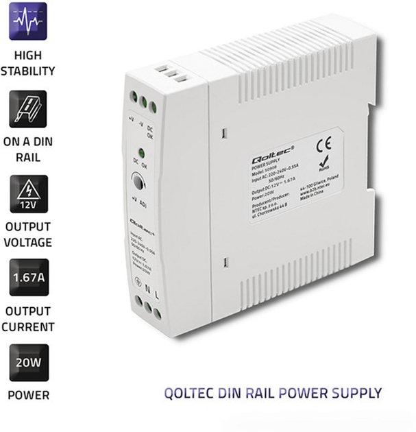 Zasilacz Qoltec na szynę DIN 20 W, 12 V, 1,67 A, Slim White (50908) (5901878509082) - obraz 6