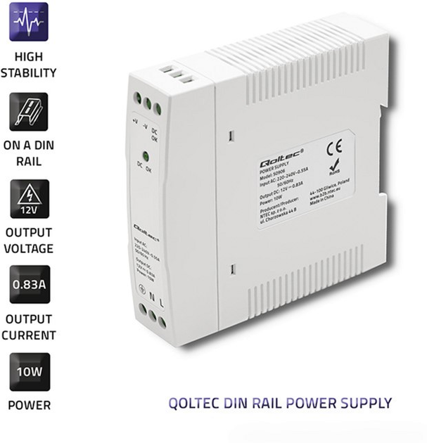 Zasilacz Qoltec na szynę DIN 10 W, 12 V, 0,83 A, Slim White (50906) (5901878509068) - obraz 6