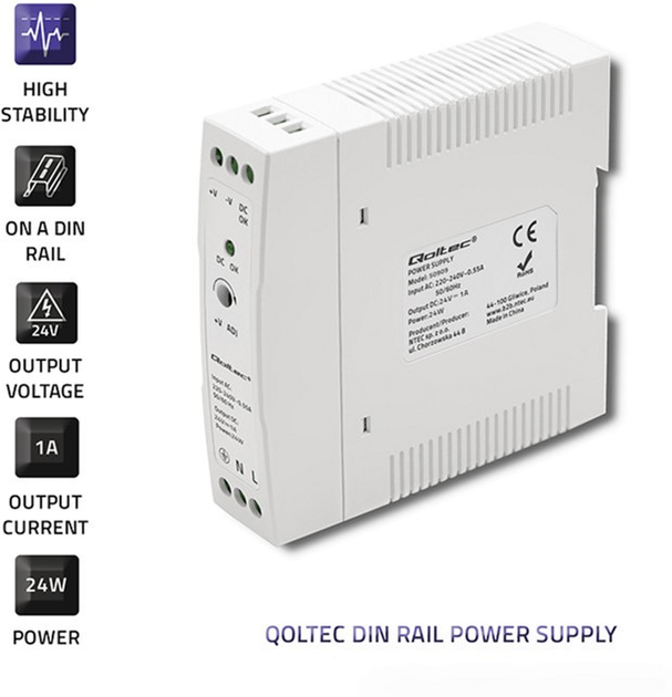 Zasilacz Qoltec na szynę DIN 24 W, 24 V, 1 A, Slim White (50909) (5901878509099) - obraz 6