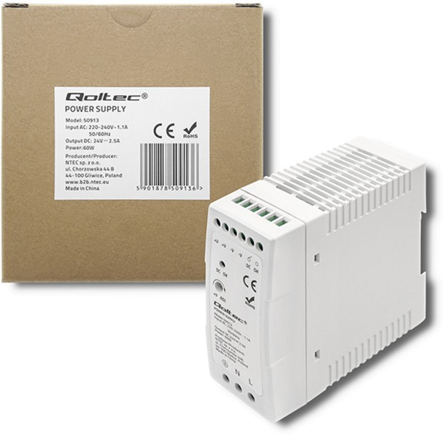 Zasilacz Qoltec na szynę DIN 60 W, 24 V, 2,5 A, Slim White (50913) (5901878509136) - obraz 3